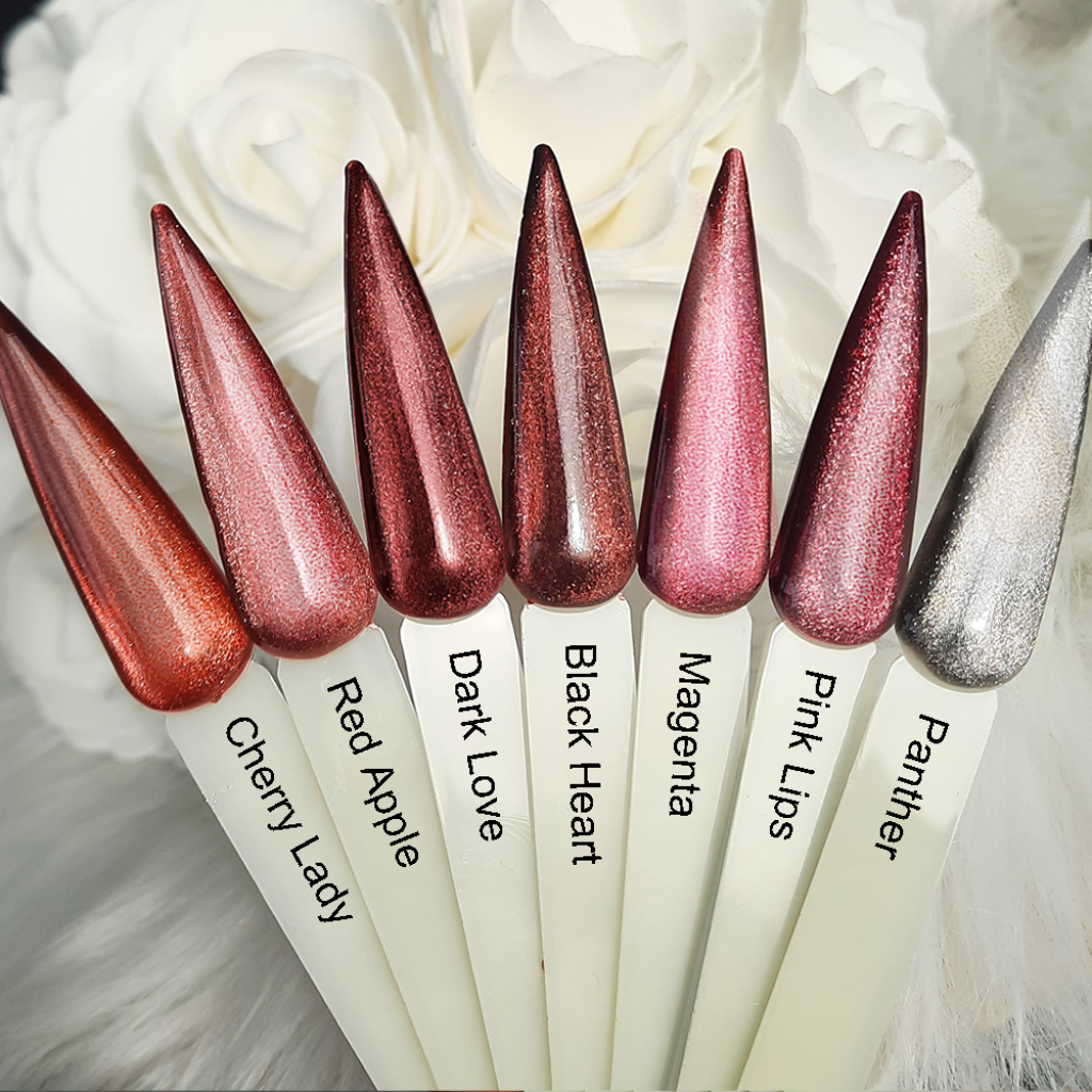 Farbpalette Cateye Gele Weinrot Rot Braun Silber Nageldesign Magnetgel Cat Eye